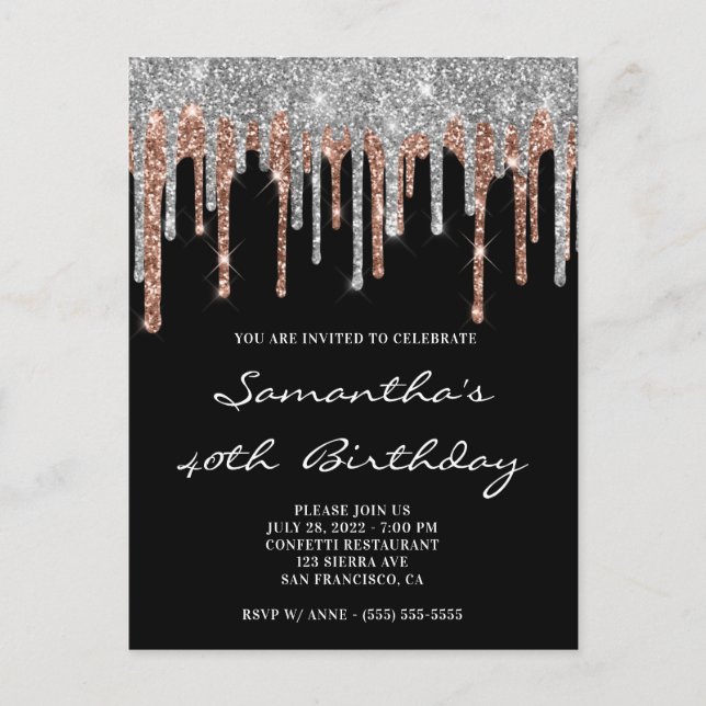Silver and Rose Gold Glitter Drips Black Birthday Postcard (Front)
