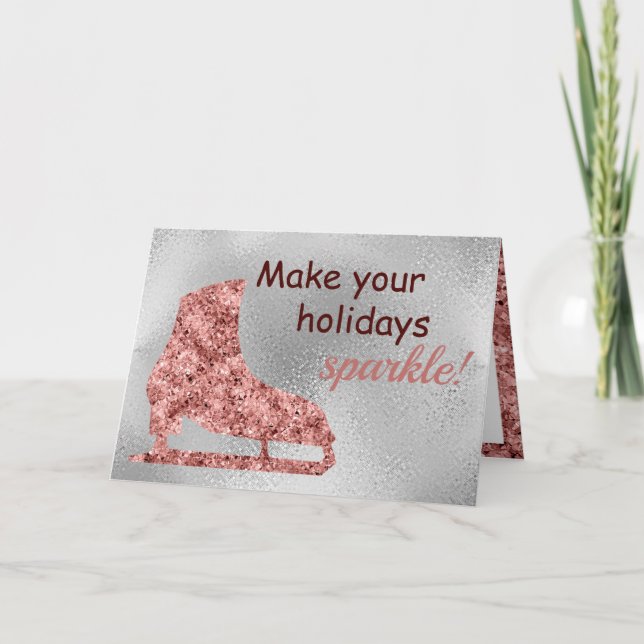 Silver and rose sparkle - Ice skating Holiday Card (Front)