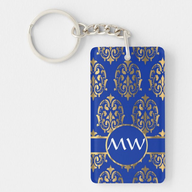 Silver and royal blue damask monogram keychain (Front)