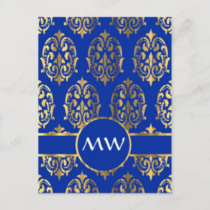 Silver and royal blue damask monogram postcard