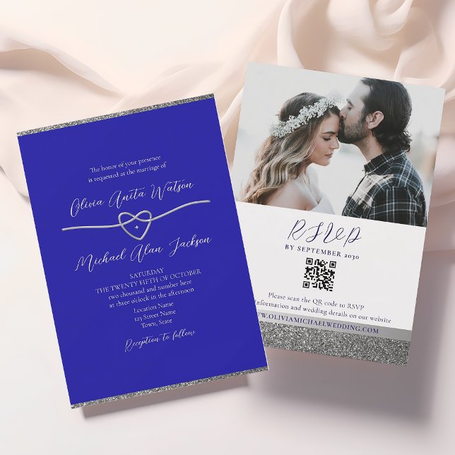 Silver and Royal Blue Wedding QR Code Invitation (Creator Uploaded)