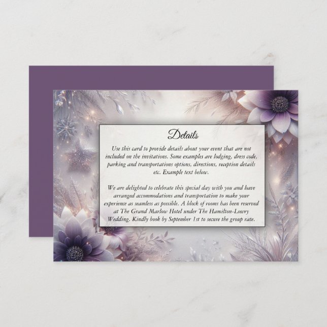 Silver and Soft Amethyst Winter Blooms Wedding Enclosure Card (Front/Back)