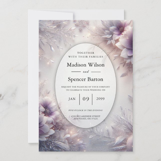 Silver and Soft Amethyst Winter Blooms Wedding Invitation (Front)