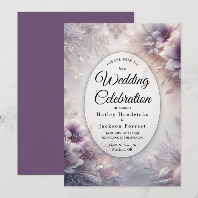 Silver and Soft Amethyst Winter Blooms Wedding Invitation (Front/Back)