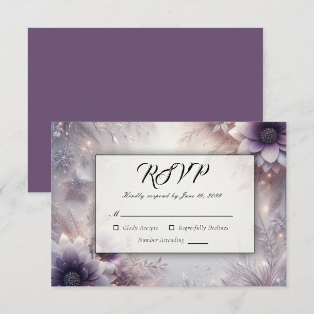 Silver and Soft Amethyst Winter Blooms Wedding RSVP Card (Front/Back)