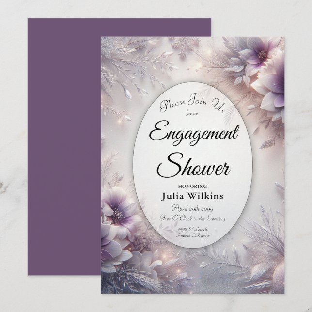 Silver and Soft Amethyst Winter Engagement Shower Invitation (Front/Back)