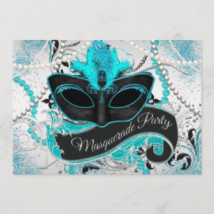 Silver and Teal Blue Masquerade Party Invitation