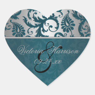 Silver and Teal Damask II Heart Shaped Sticker