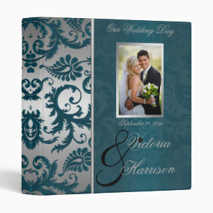 Silver and Teal Damask II Wedding Binder/Album Binder
