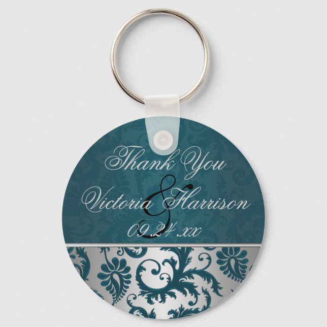 Silver and Teal Damask II Wedding Favour Keychain (Front)