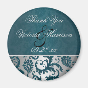 Silver and Teal Damask II Wedding Favour Magnet