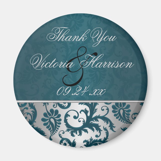 Silver and Teal Damask II Wedding Favour Magnet (Front)