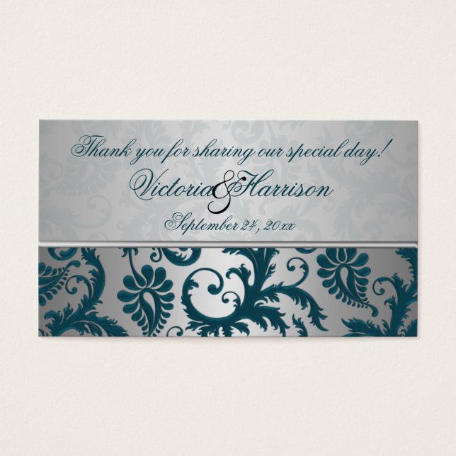 Silver and Teal Damask II Wedding Favour Tag (Front)