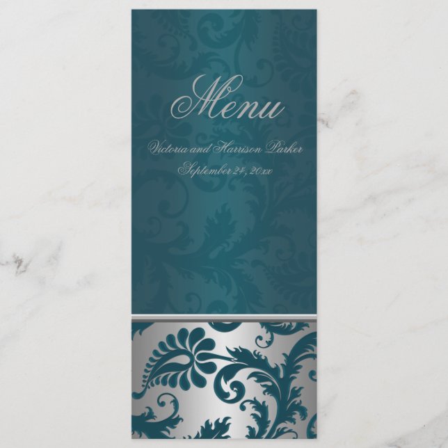 Silver and Teal Damask II Wedding Menu Card (Front)