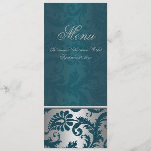 Silver and Teal Damask II Wedding Menu Card