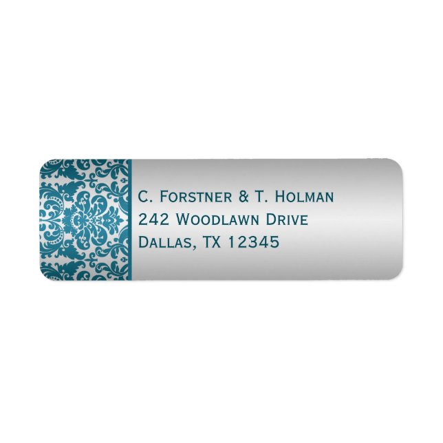 Silver and Teal Damask Return Address Label (Front)