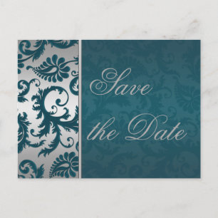 Silver and Teal Damask Save the Date Postcard
