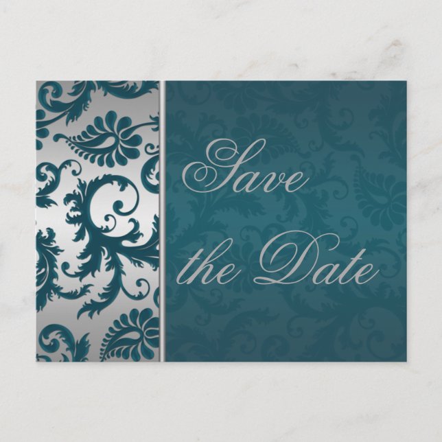 Silver and Teal Damask Save the Date Postcard (Front)
