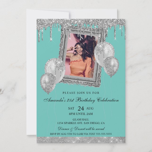 Silver and Teal Glitter Drip Photo Frame Invitation (Front)