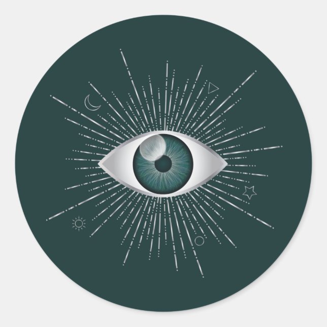 Silver and Teal Green Mystic Evil Eye Nazar Mati Classic Round Sticker (Front)