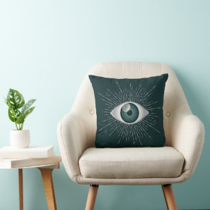 Silver and Teal Green Mystic Evil Eye Nazar Mati Throw Pillow