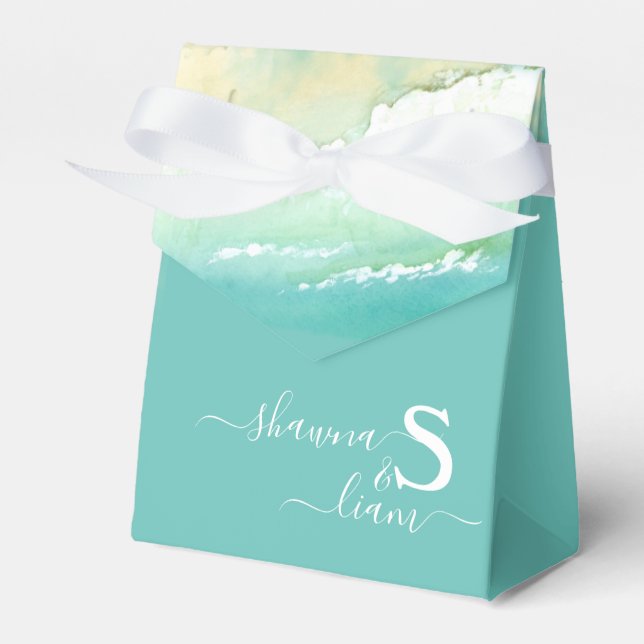 Silver and Teal Monogram Aqua Blue Ocean Favor Box (Front Side)