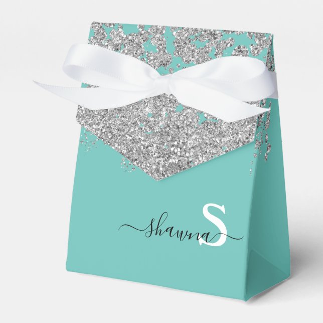Silver and Teal Monogram Aqua Blue Sparkle Favor Box (Front Side)