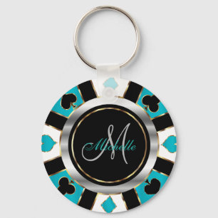 Silver and Turquoise Poker Chip Design - Monogram  Keychain
