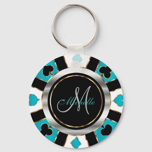 Silver and Turquoise Poker Chip Design - Monogram  Keychain (Front)