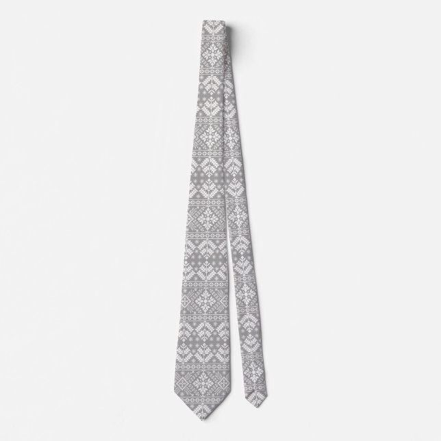 Silver and White Christmas Fair Isle Pattern Tie (Front)
