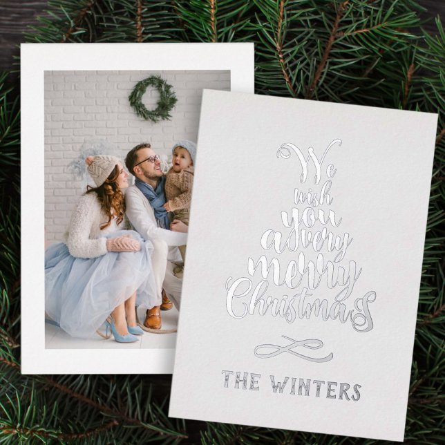 Silver and White Christmas Tree Lettering Photo Foil Holiday Card (Creator Uploaded)