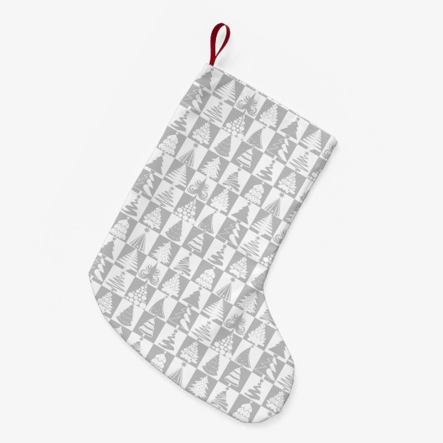 Silver And White Christmas Trees Holiday Pattern Small Christmas Stocking (Front (Hanging))