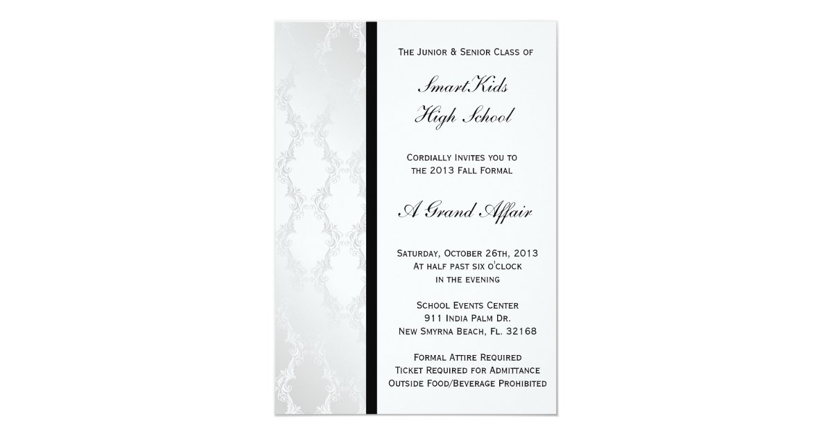 Silver And White Damask School Prom Or Formal Invitation Zazzle Ca