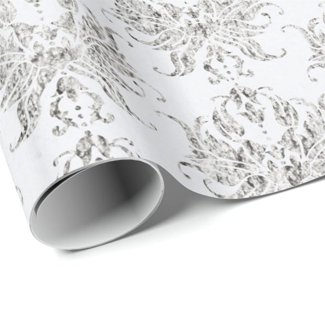 Silver And White Damask Wrapping Paper (Roll Corner)