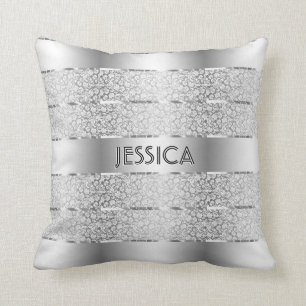 Silver And White Floral Pattern Stripes Throw Pillow