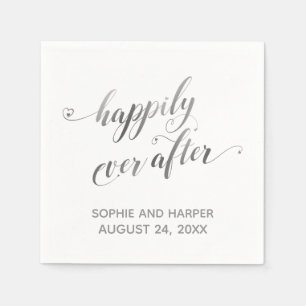 Silver and White Happily Ever After, Hearts Script Napkin