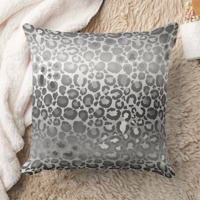 Silver and White Ombre Leopard Animal Print Throw Pillow (Blanket)