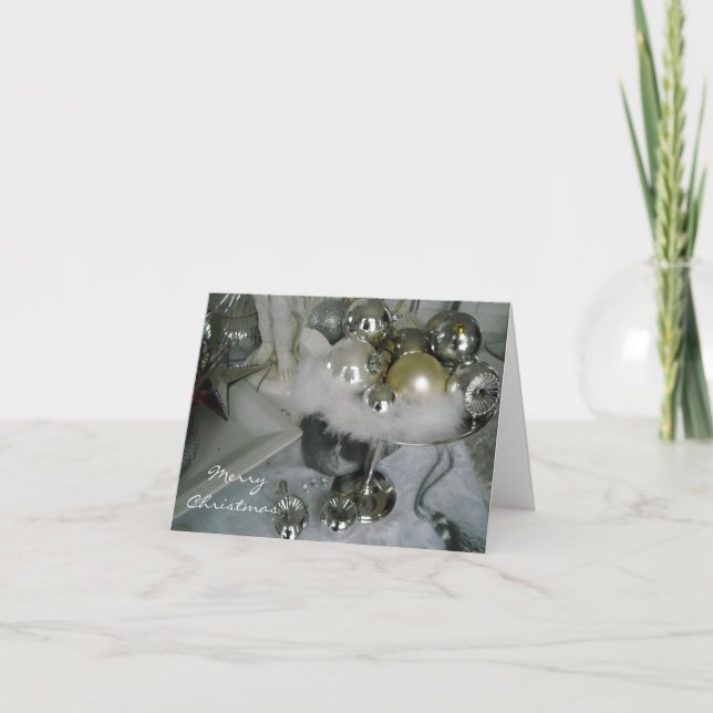 Silver and White Ornaments on a Silver Pedestal Holiday Card (Front)