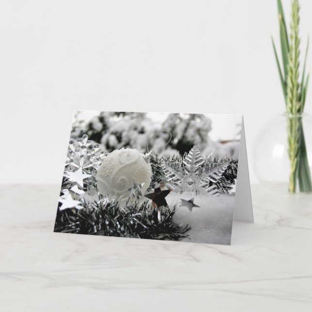 Silver and White Ornaments Personalized  Card (Front)