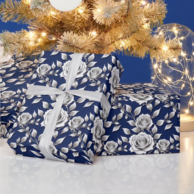 Silver And White Roses Wrapping Paper (Holidays)
