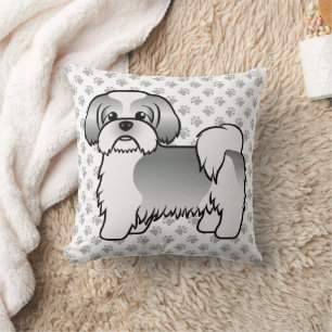 Silver And White Shih Tzu Cute Cartoon Dog & Paws Throw Pillow