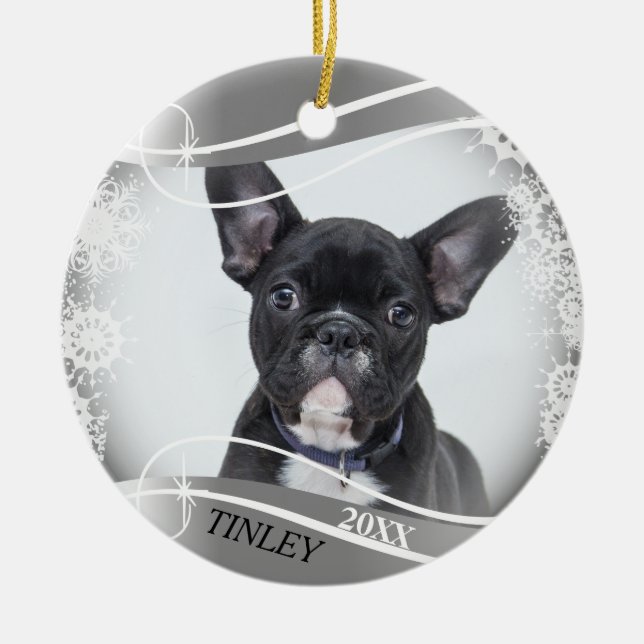 Silver and White Snowflake Frame - DIY Photo Ceramic Ornament (Front)