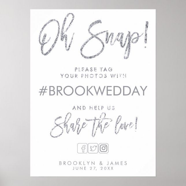Silver And White Wedding Hashtag Sign (Front)