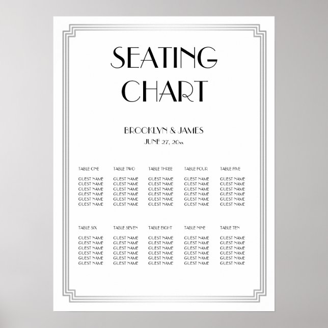 Silver And White Wedding Seating Chart Poster (Front)