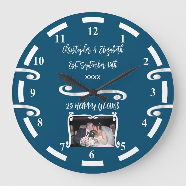 Silver Anniversary 25 years add names photo blue Large Clock (Front)
