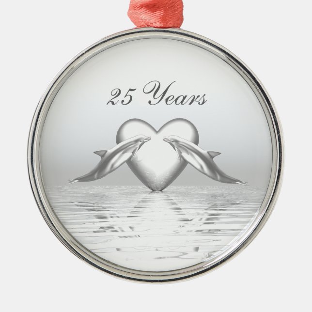 Silver Anniversary Dolphins and Heart Metal Ornament (Front)