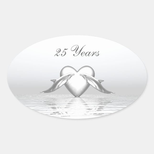 Silver Anniversary Dolphins and Heart Oval Sticker (Front)