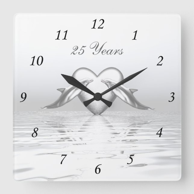 Silver Anniversary Dolphins and Heart Square Wall Clock (Front)