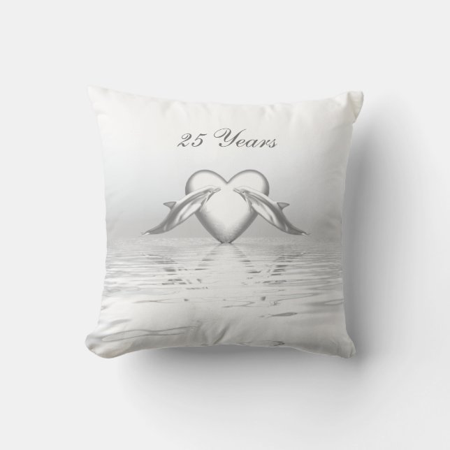 Silver Anniversary Dolphins and Heart Throw Pillow (Front)