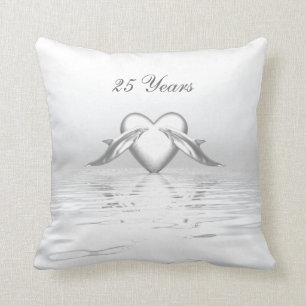 Silver Anniversary Dolphins and Heart Throw Pillow
